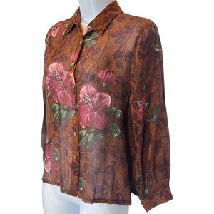 French Laundry Women's Brown Floral Long Slv 100% Silk Sheer Blouse Top Medium M